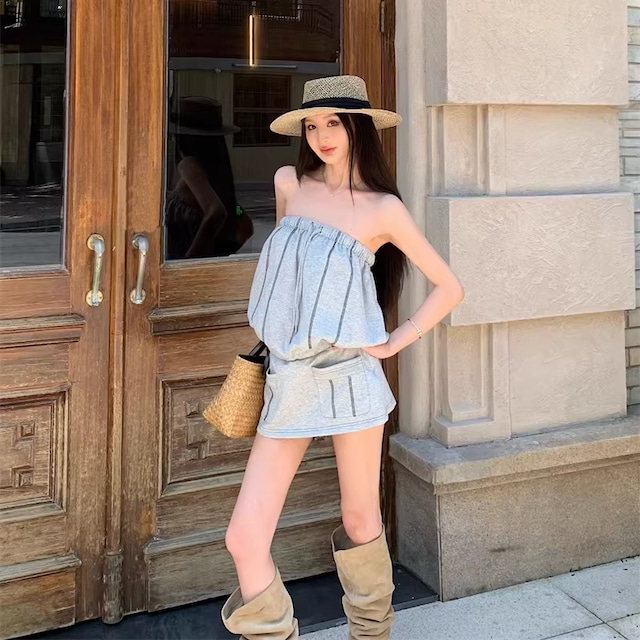 【dress】ストライプ柄チューブドレス Q8130