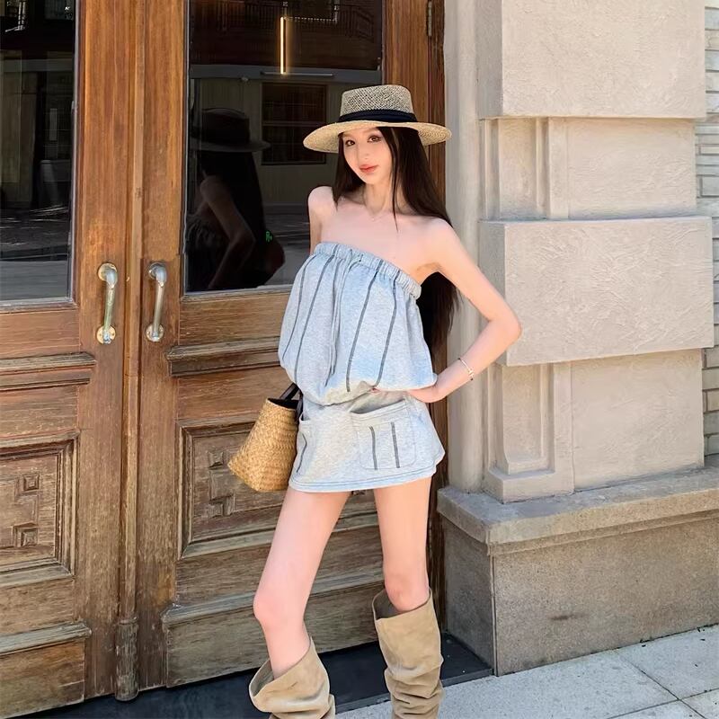 【dress】ストライプ柄チューブドレス Q8130