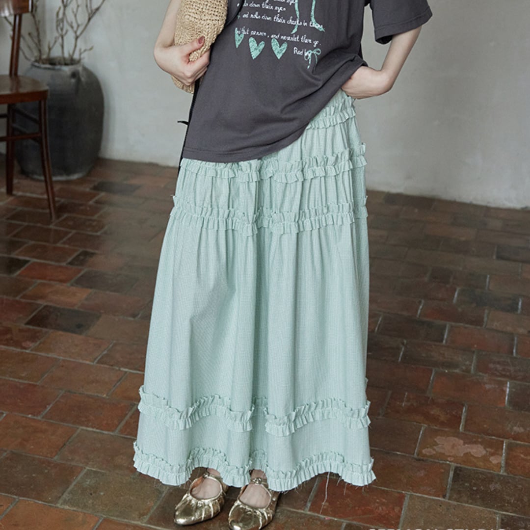 splicing green plaid skirt