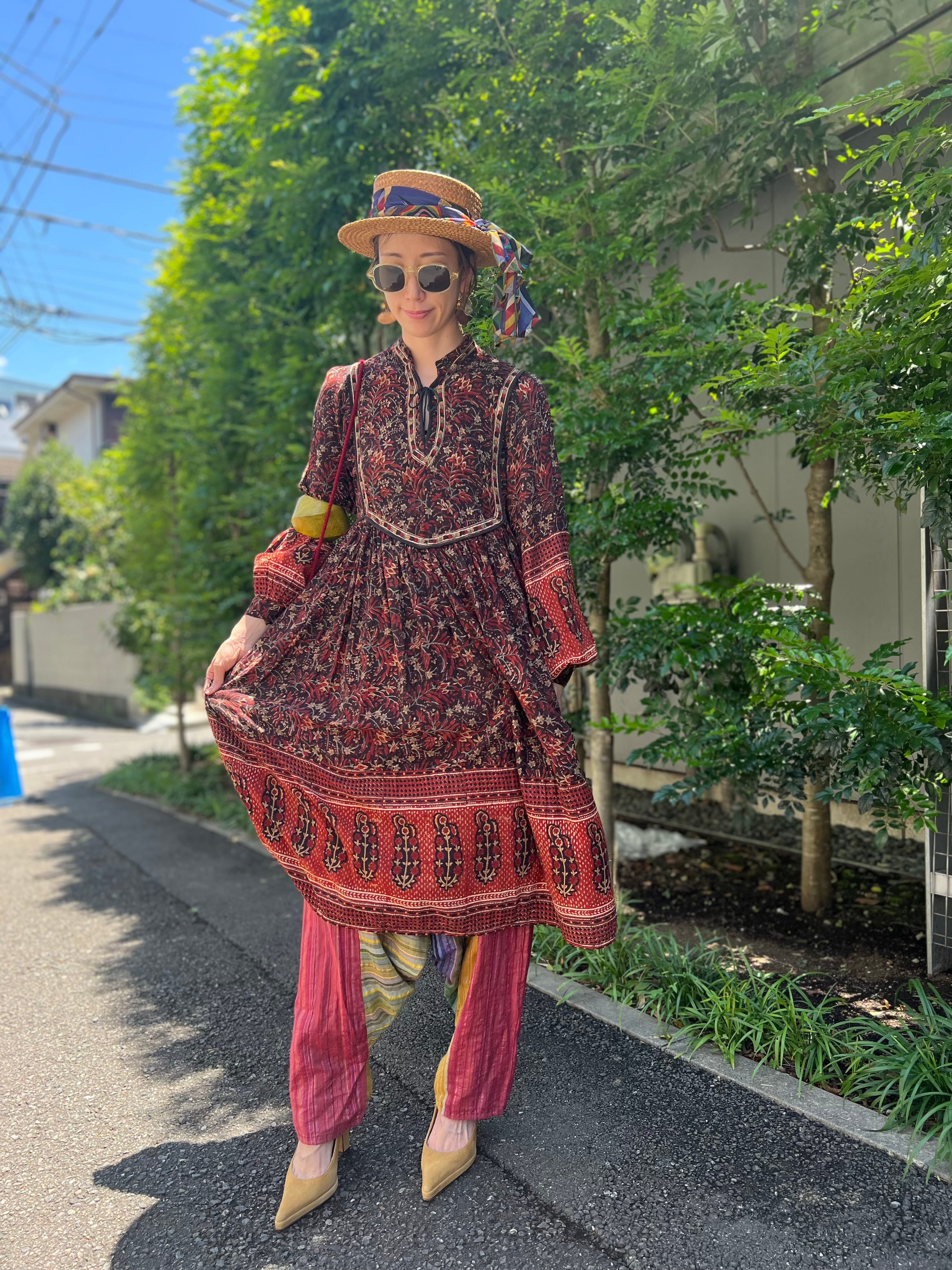 70s indian cotton brown dress ( ヴィンテージ インドコットン