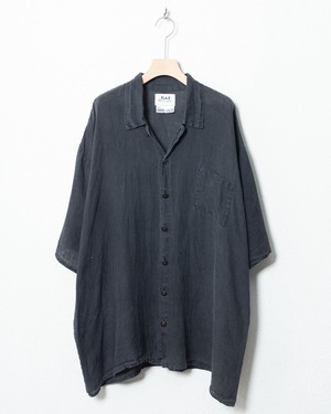 "FLAX" open collar all linen short sleeve shirt / Made In LITHUANIA / COLOR:BLACK