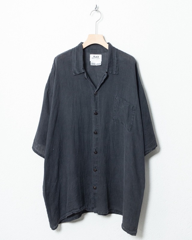 "FLAX" open collar all linen short sleeve shirt / Made In LITHUANIA / COLOR:BLACK