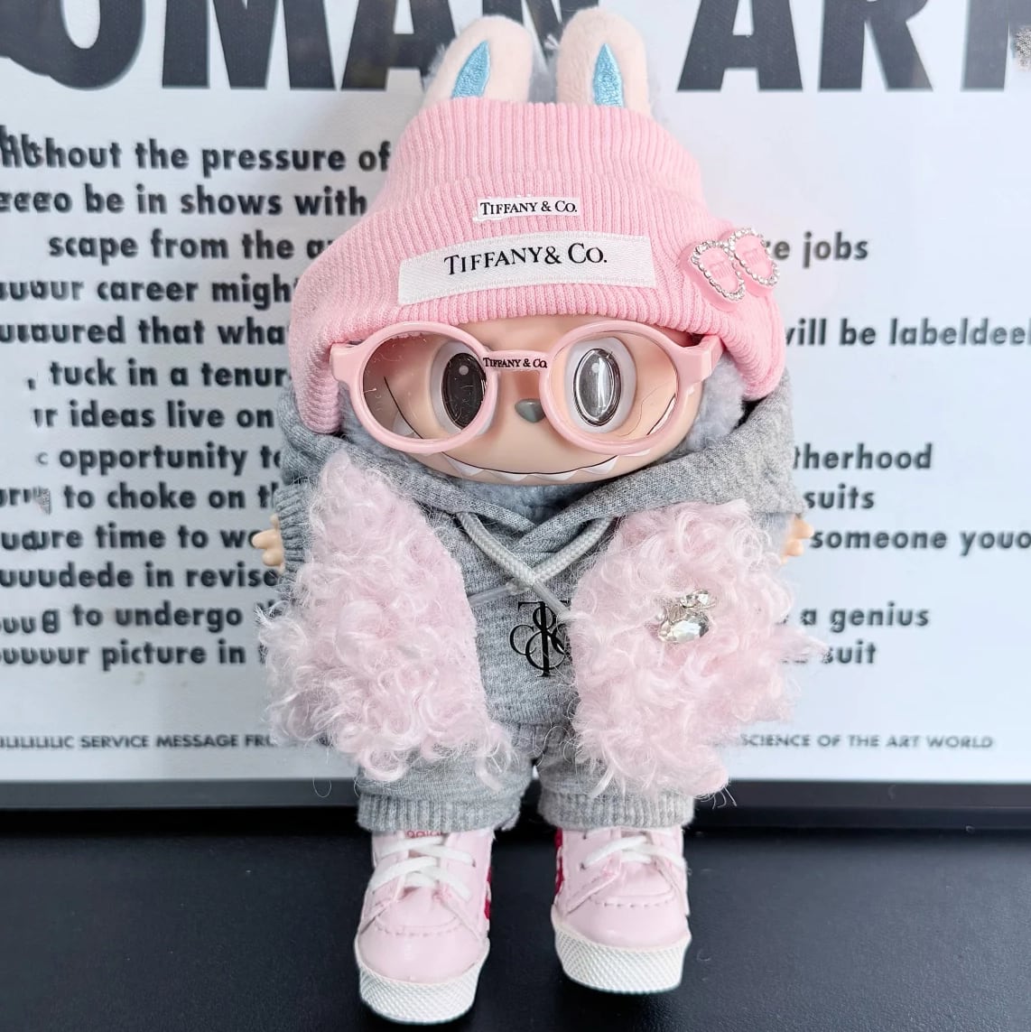 プリンセス風ラブブコーデ!17cm labubu用 モードなピンクグレーコーデ ファーベスト付き 上品で甘い貴族テイスト 高品質フルセット