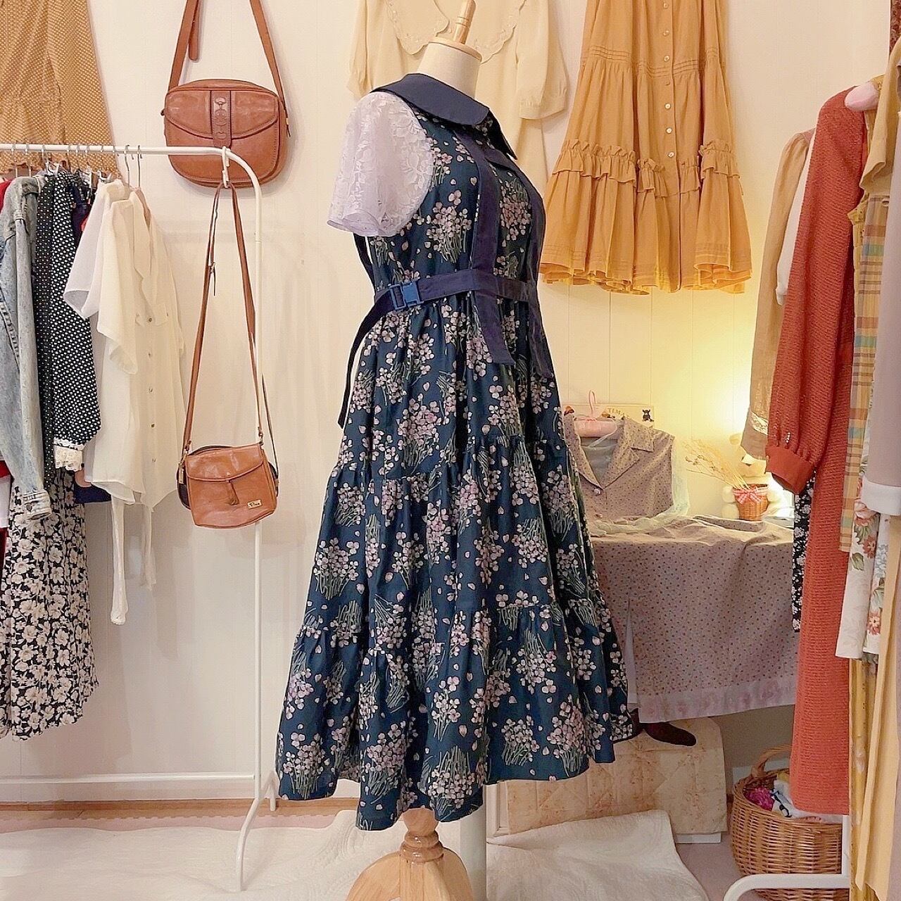 original item / attached flower harness one-piece , navy