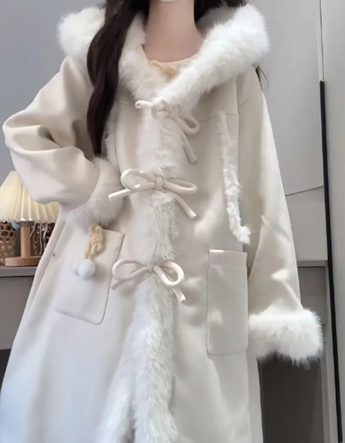 ファーフーディーリボンコート ・79057