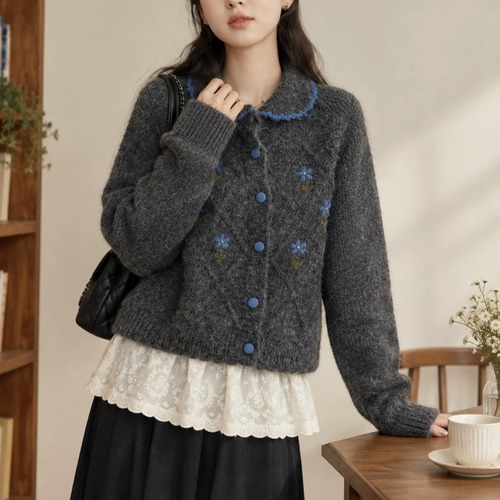 3色/刺繍フラワーステッチカラーニットカーデ ・79420