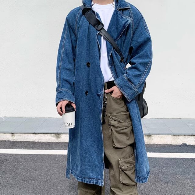 【予約販売】コート 防寒 メンズ アウター デニム ミドル丈 ブルー こなれ感 カジュアル お洒落 韓国 トレンド 秋 冬 M/L/XL