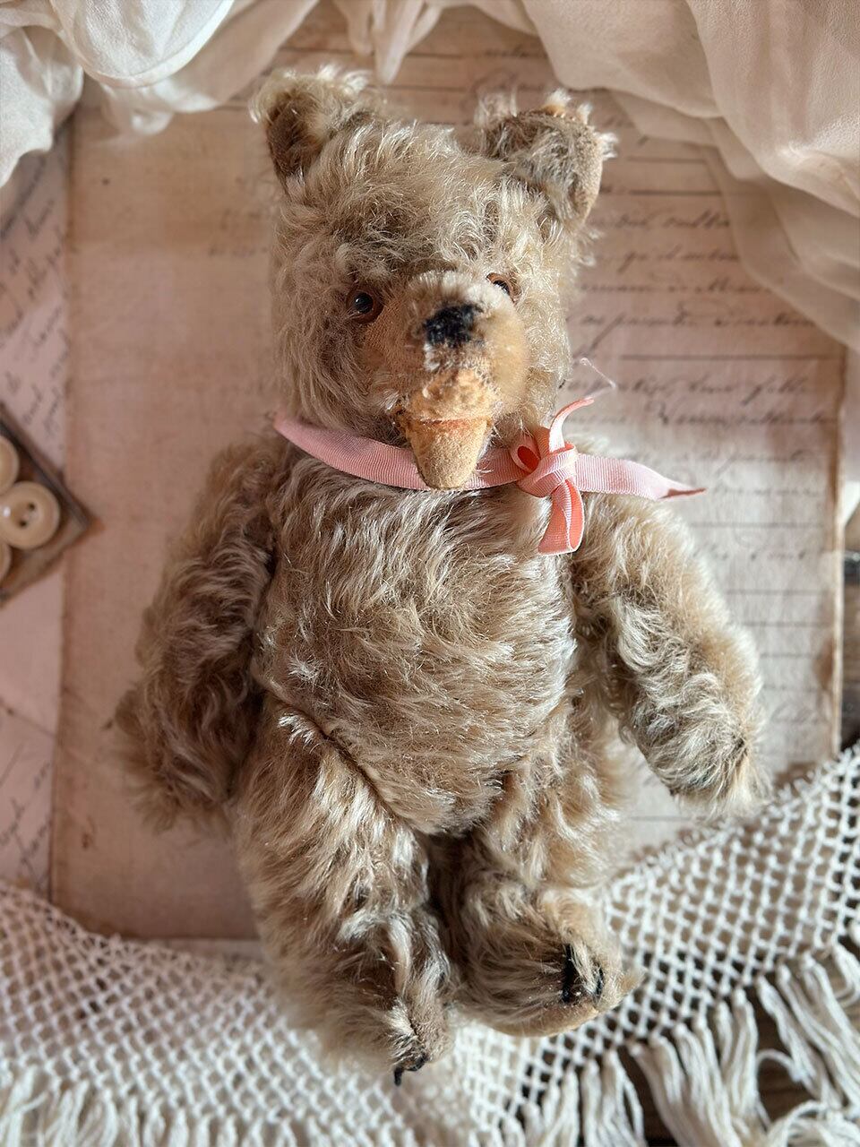 ピンクリボンのオープンマウスベア くま ぬいぐるみ | Brocante de La