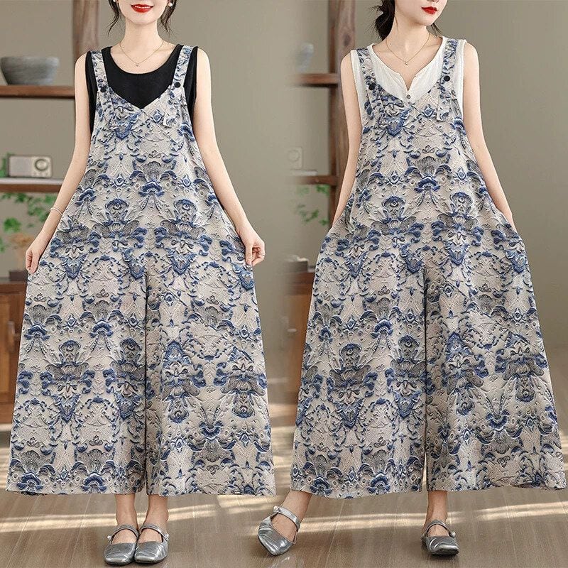 PRINT A-LINE WIDE LEG STRAP JUMPSUIT 1color M-16720
