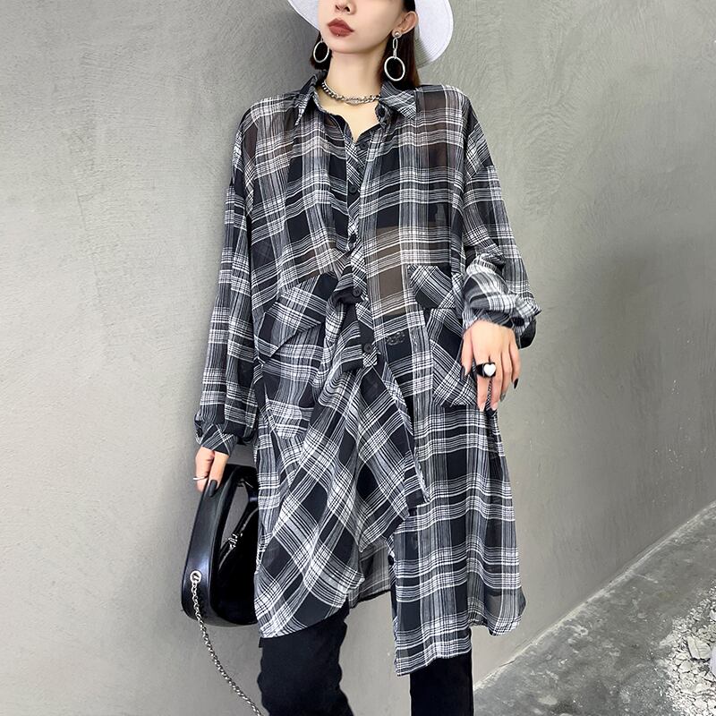 格子柄シャツ レディースサマー薄手カラー半袖スリーブロングルーズ ショート ハーフスリーブ 夏物 ラブタオタオダレンハウス11978512777