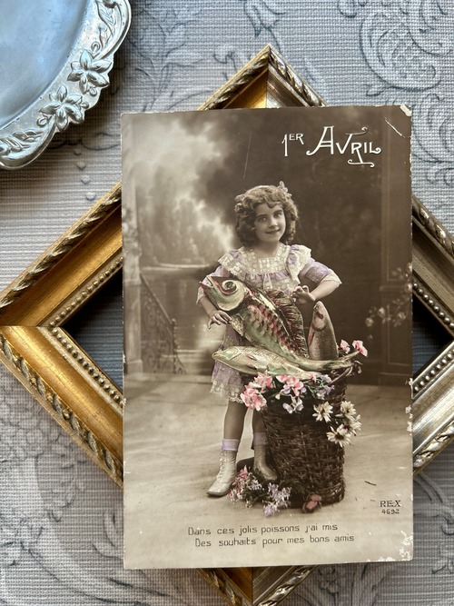 アンティークポストカード 1ER Avri ４月の魚 ポワソンダブリル  額装 インテリア フランス BE