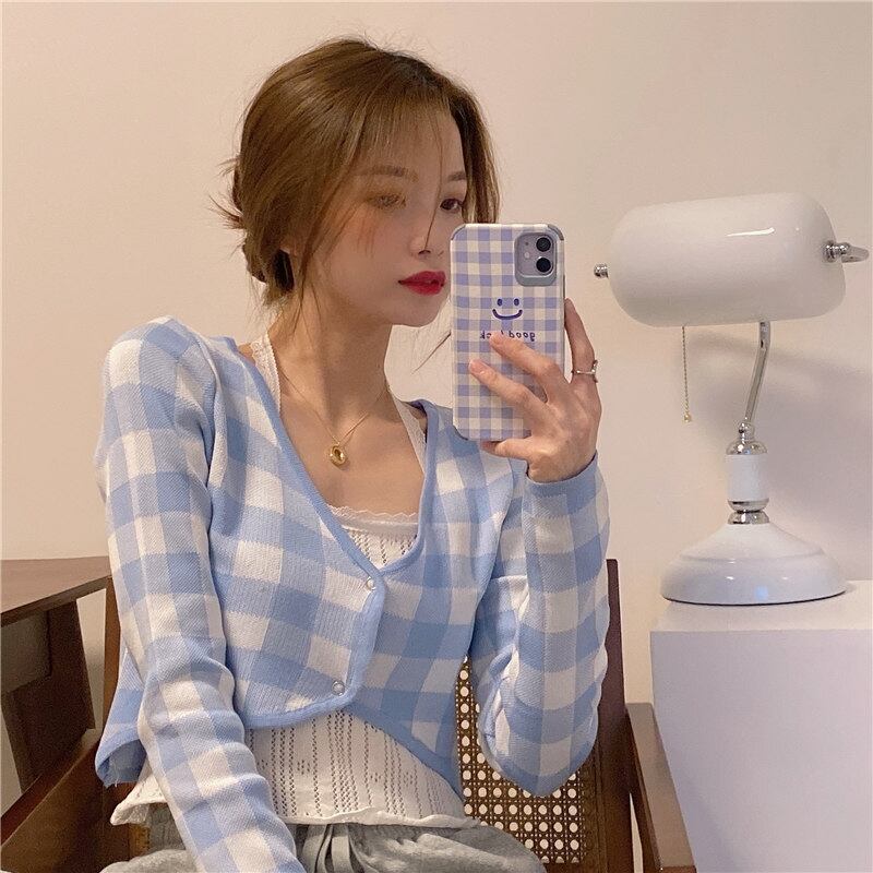 チェック柄ニットスモールカーディガンレディース秋新作スタイル半袖セーターコート優しい風ブルートップ ブラックストロベリース26369940513