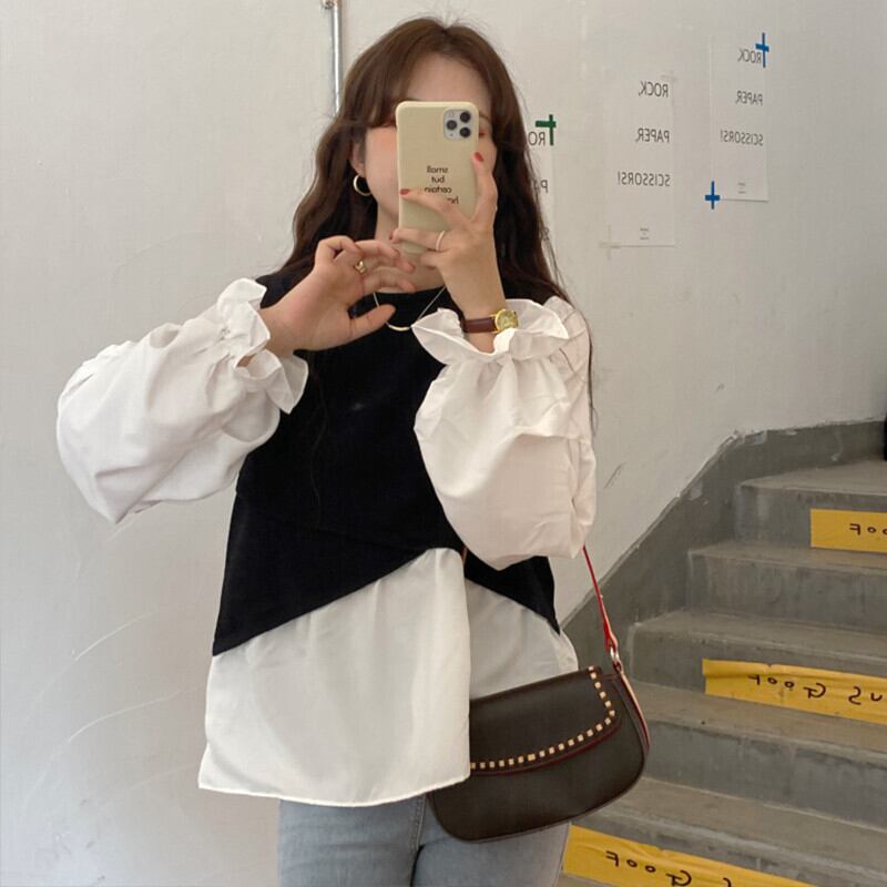 シフォンニットシャツ オータムスタイルルーズスリーブトップス 秋物 ステッチ ガールズファッション75425374790