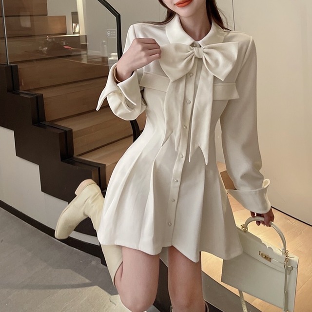 ミニシャツワンピース ワンピース ミニ丈 シャツワンピ リボン