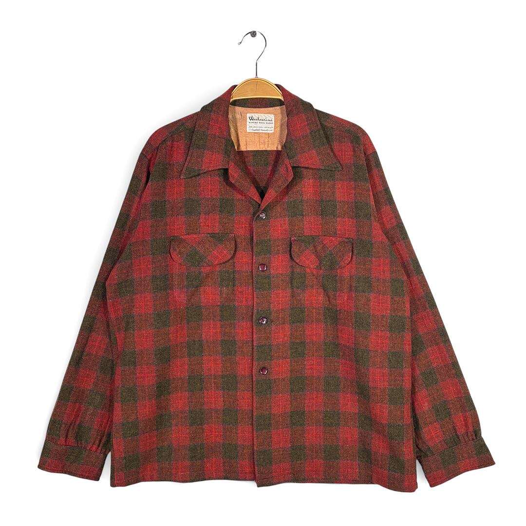60s 70s ウールバリン バッファローチェック ヴィンテージ ウールシャツ フラップポケット 赤チェック WOOLVERNE サイズL 古着 CA1531