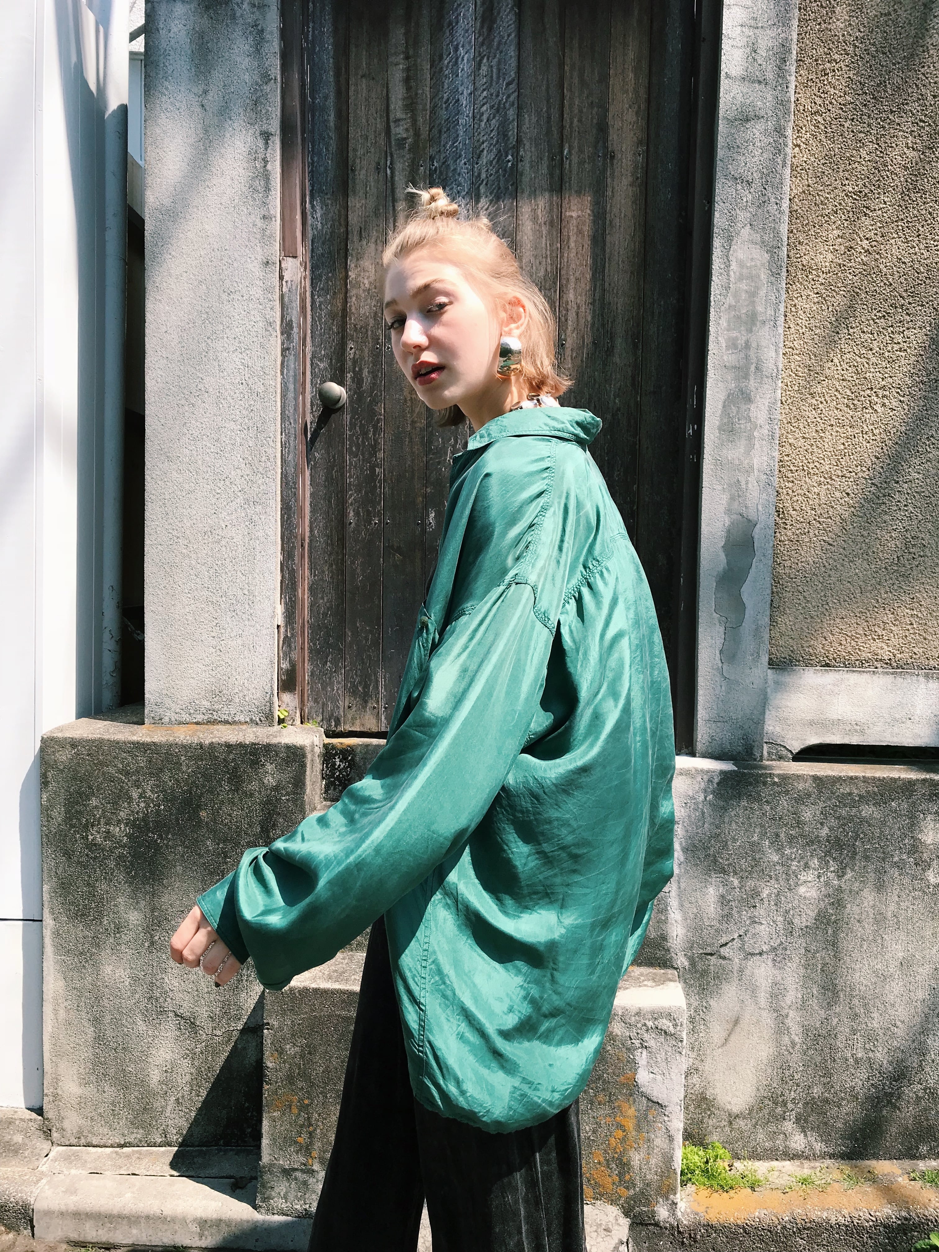 80s green big silk shirt ( ヴィンテージ グリーン ビッグ シルク