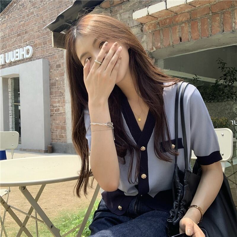 ニットセーター 薄手サマールーズカラーカーディガンVネックショートトップス 夏物 1号婦人83021927697