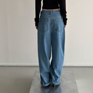 裾ロールウォッシュドブルーベーシックルーズデニム　LT0040043