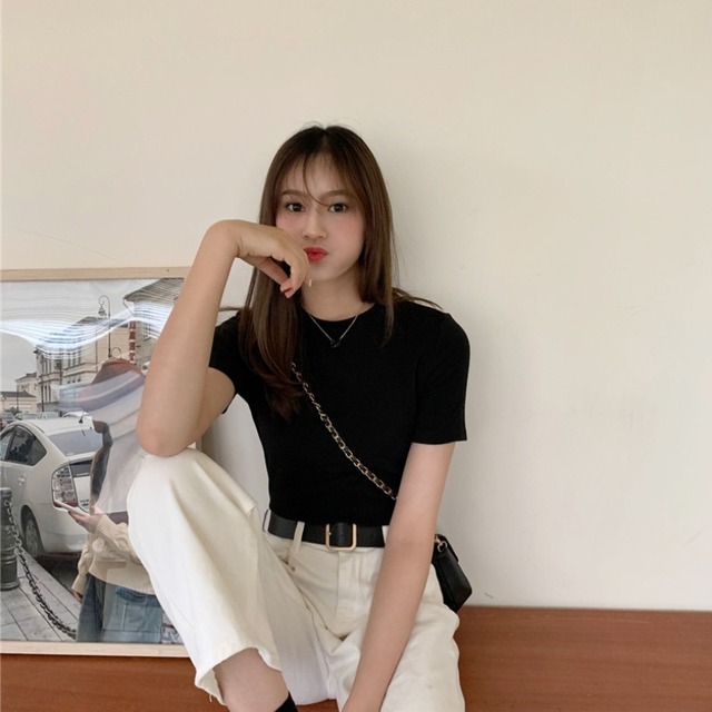 サマースリムソリッド カラーショートTシャツ トップス 夏物 ソリッドカラー ハンチェンe24486854492