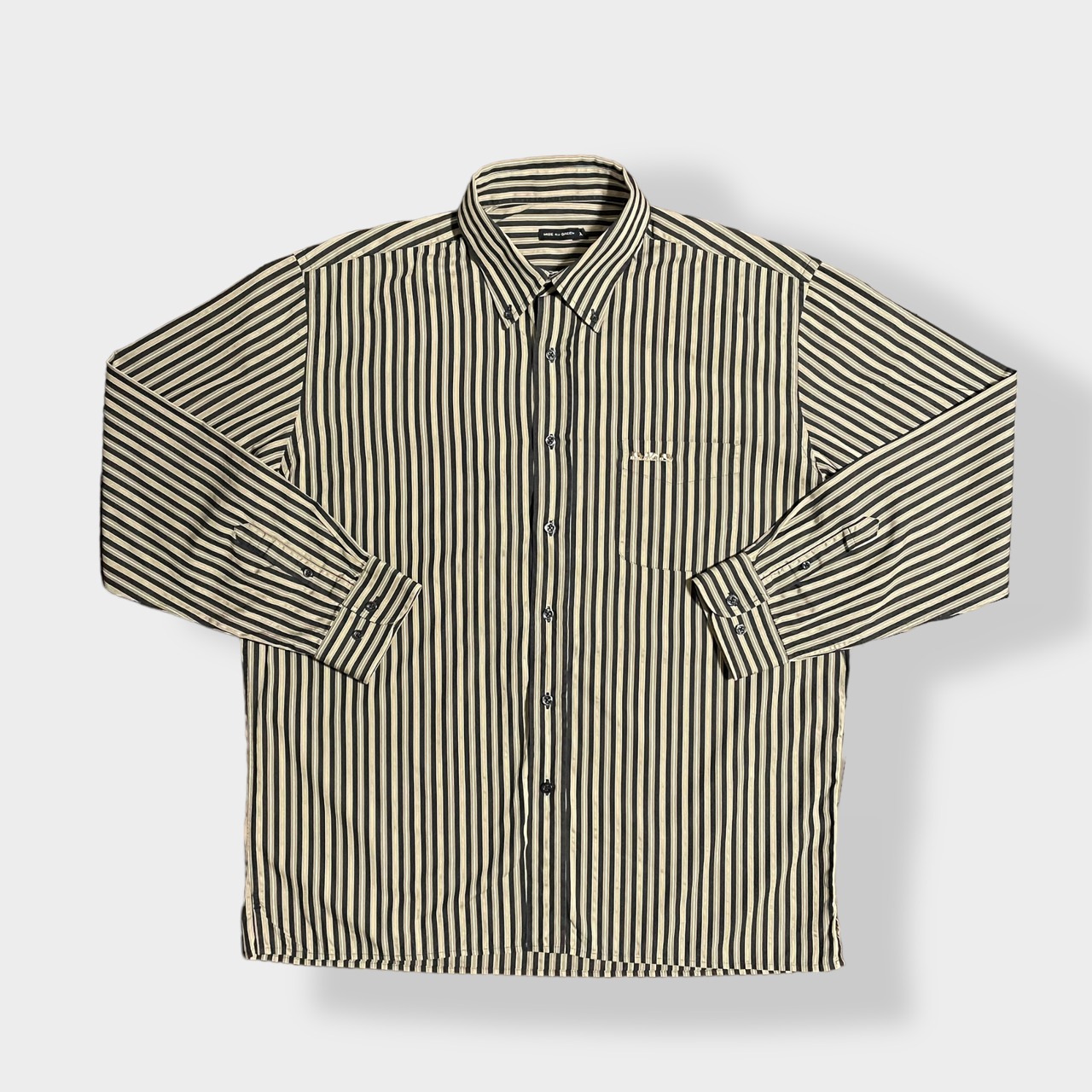【MISE AU GREEN】ストライプシャツ ボタンダウン 刺繍ロゴ デザインシャツ 柄シャツ 長袖 マルチストライプ XXL ビッグサイズ US古着