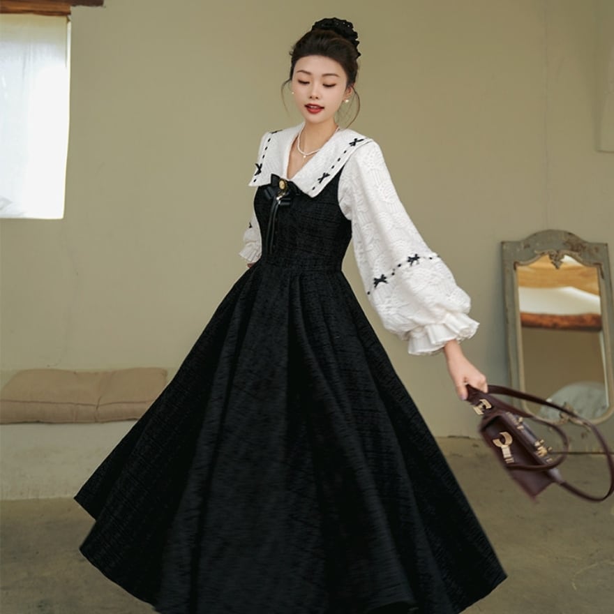 Vネック ジャンパースカート ツイード調 ロング フレア ワンピース