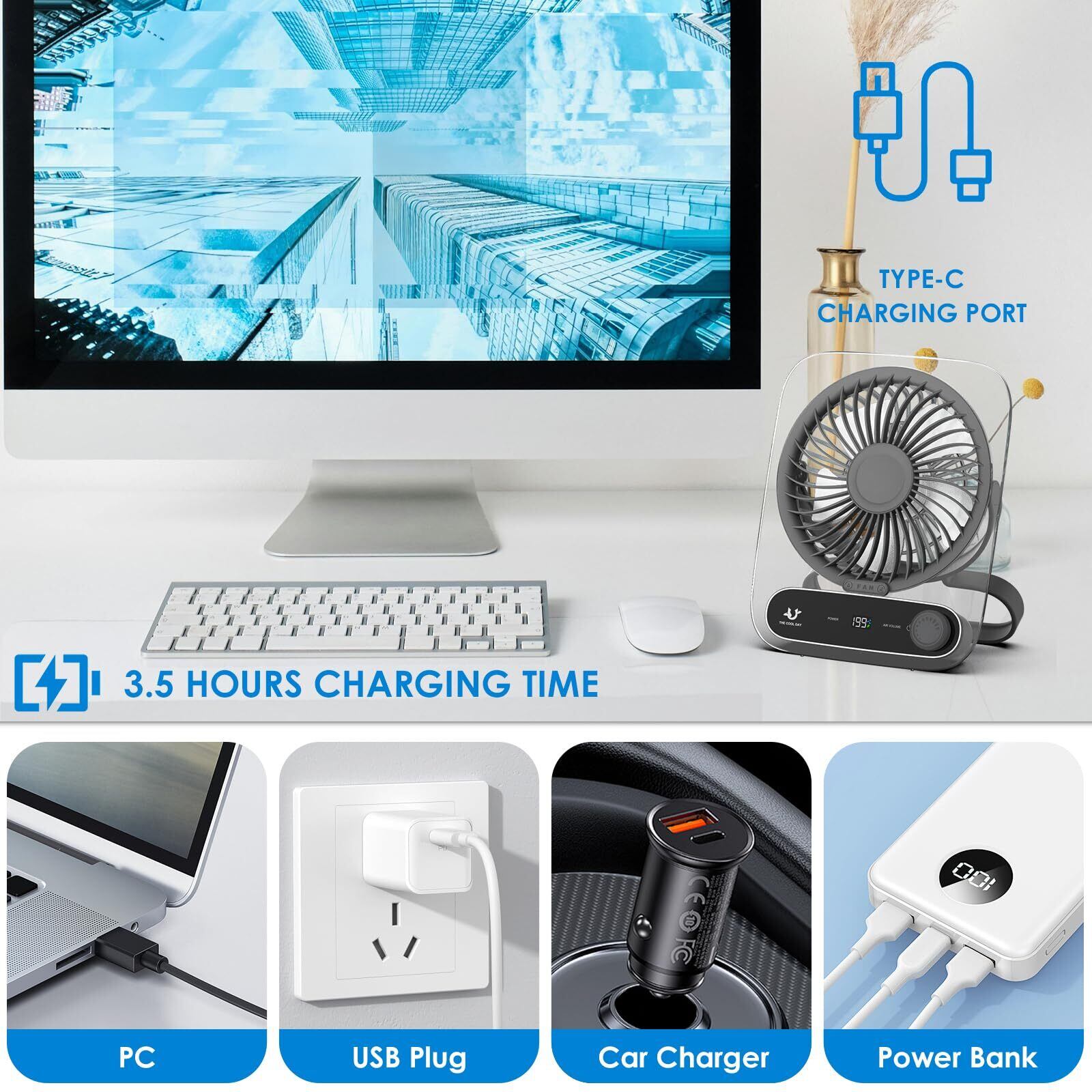 Simpeak Usb Fan Simpeak USB扇風機 199段階調整 充電式卓上扇風機 小型静音ファン、吊り下げ可能 照明付き ミニファン、オフィス/寝室/旅行/車内 ...