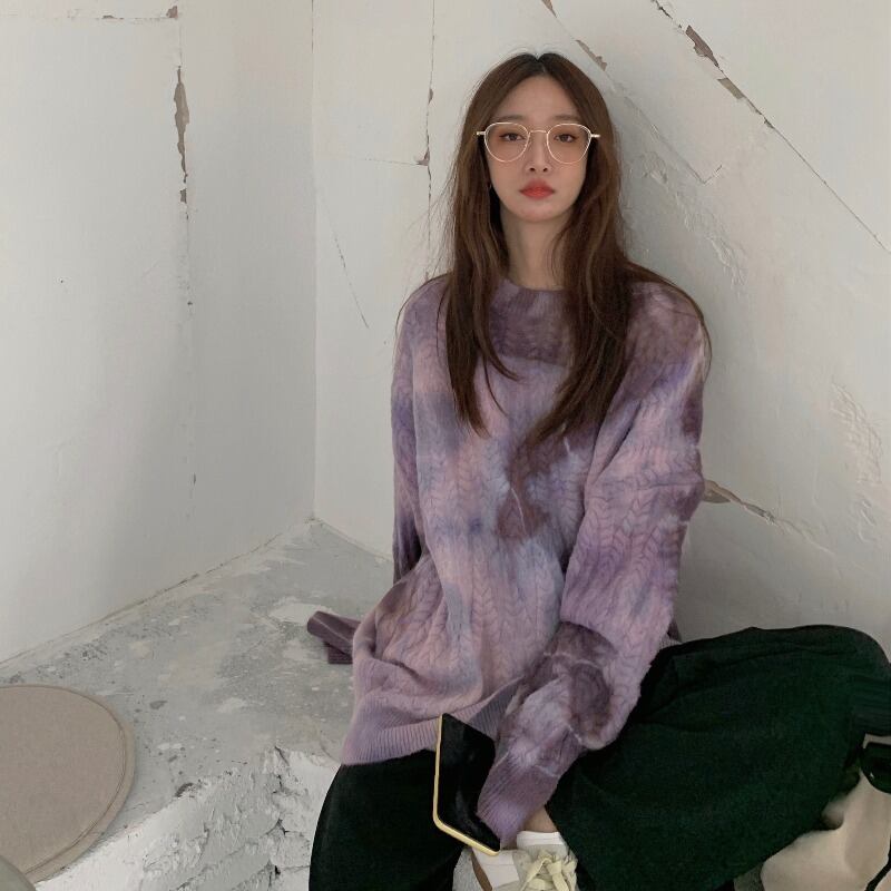 パープル絞り染めツイストニットセーターレディース秋冬長袖ルーズフィット怠惰なセータージャケットプルオーバーアウタートップ ブラックストロベリース81578689712