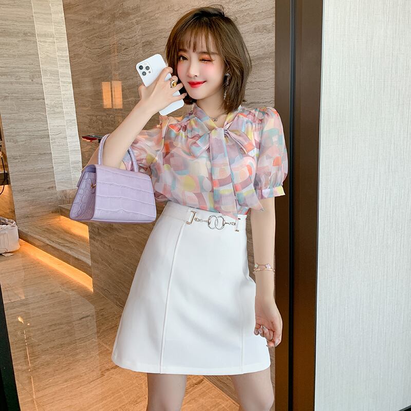 リボンプリントシャツ 薄手Aラインスカート サマースタイル 夏物 MIUCO4228032763