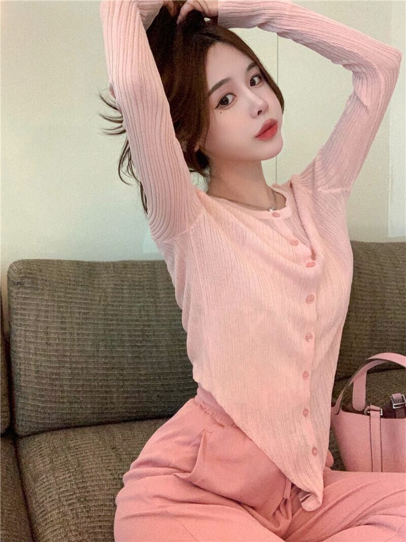 ニットカーディガンジャケット 薄手Vネックシャツ トップス ロング ガールズファッション25866229468