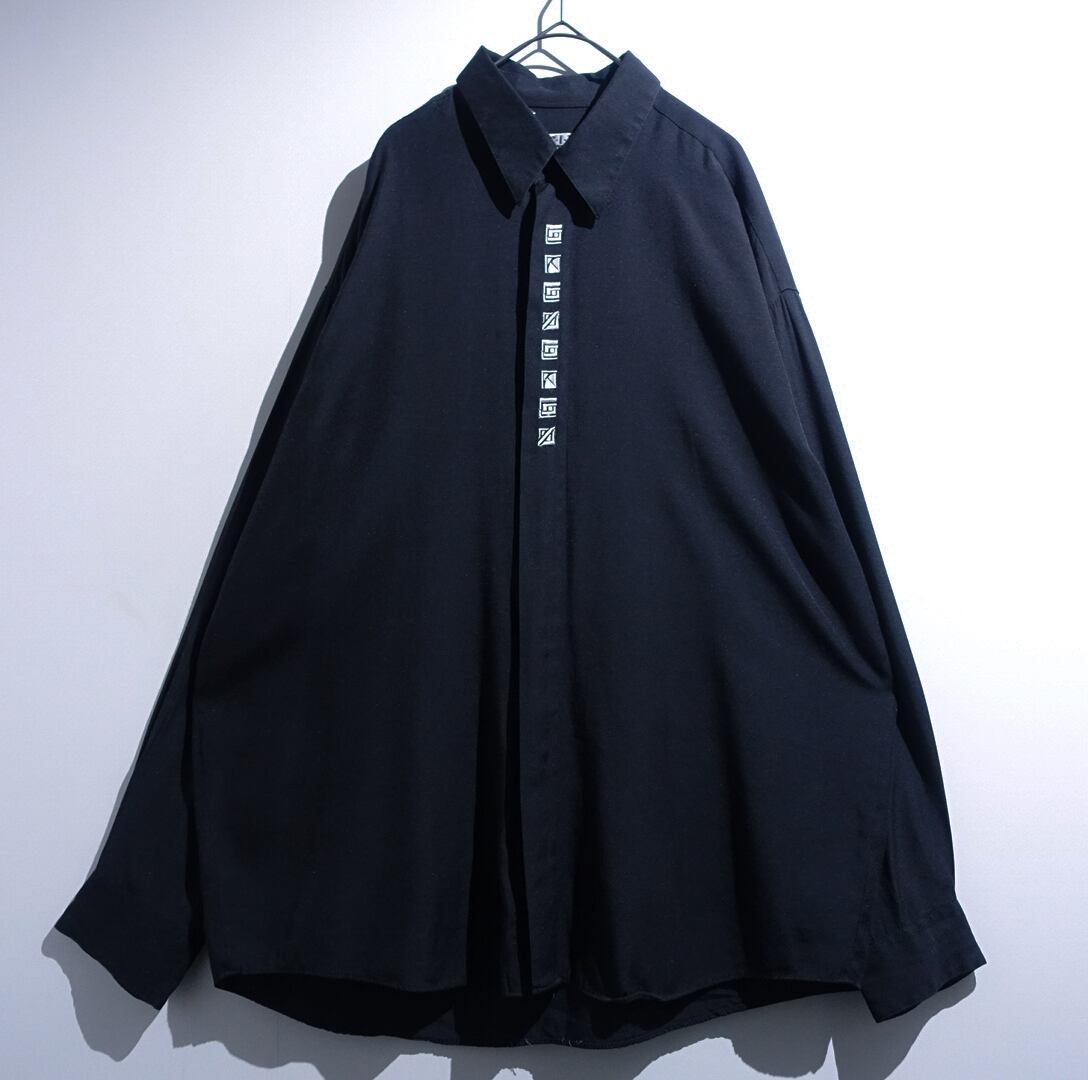 "CITY STREETS" Black Geometric Embroidered Design Rayon Shirt