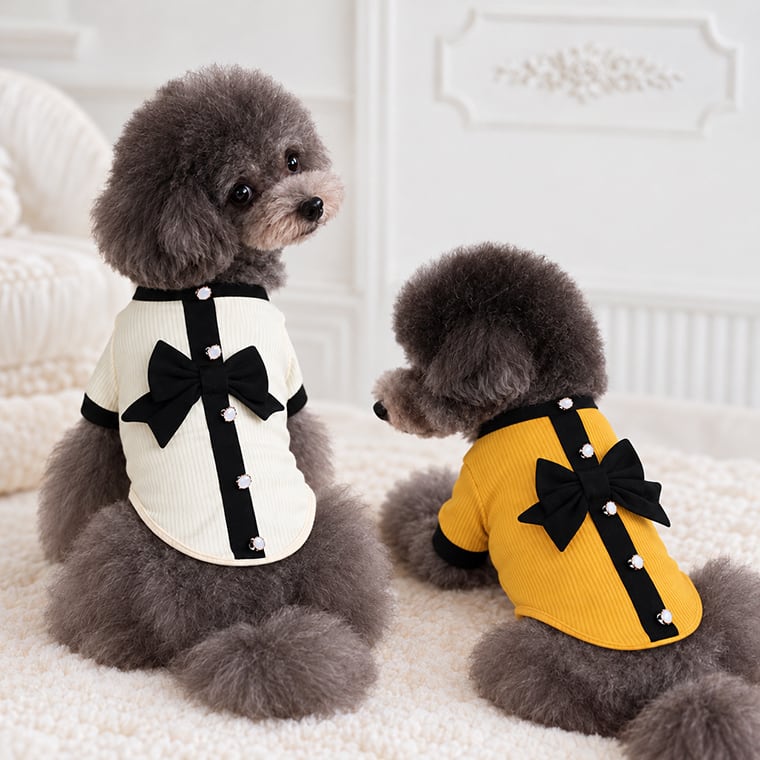 onz ribbon knit t-shirt S ~ XL 4color / 犬服 ニット 可愛い 犬の服 Tシャツ 背中 リボン 重ね着 おしゃれ トップス お揃い ドッグウェア 無地 シンプル 韓国ワンコ服 b54