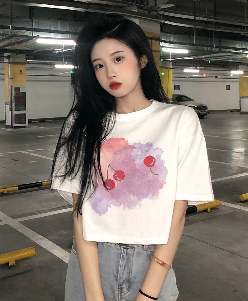 プリントホワイトショートTシャツ 薄手サマートップス 夏物 YY-ファッション75722538279