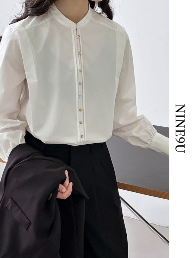 band-collar natural retro shirt【NINE7550】