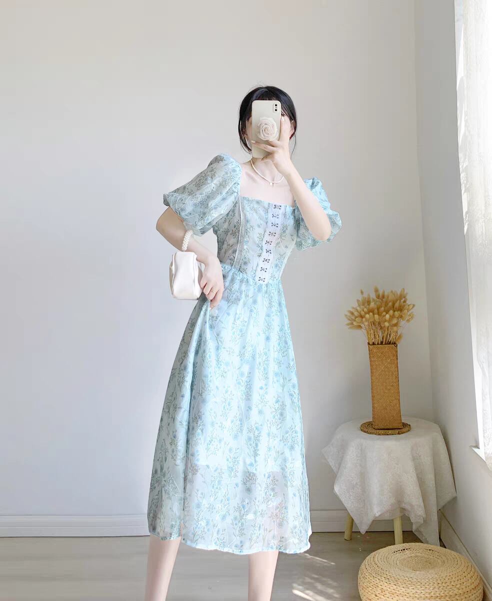 IKUKO】フラワー柄ロングワンピース ブルー 2 - ワンピース IKUKO】フラワー柄ロングワンピース ブルー 2 - ワンピース