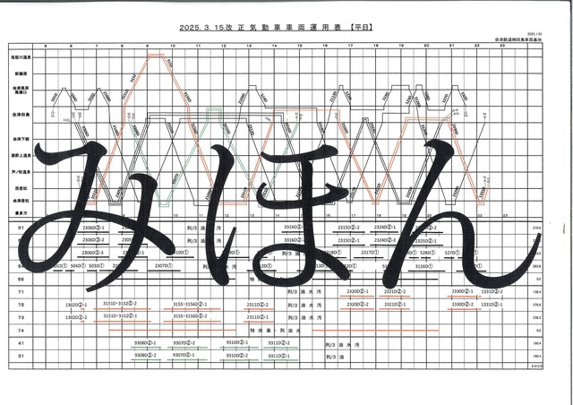 2025年3月ダイヤ改正版　車両運用表　平日
