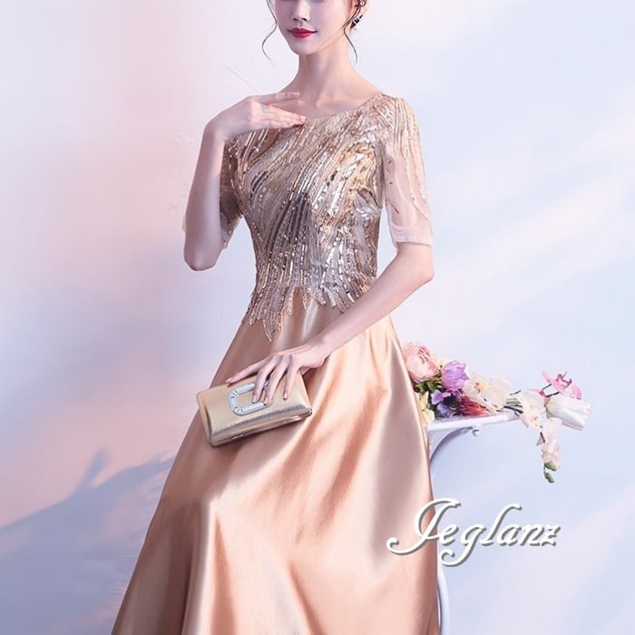 6色 パーティ イブニングドレス 異素材 レース スパンコール 光沢感 5分袖( M8477)ζ