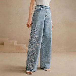 パンツ Gパン レディース ボトムスパンツ デニスパンツ 花柄パンツ フラワー刺繍 ワイドデニムパンツ きれいめ 大人 おしゃれ かっこいい 大人女子 存在感 春 秋 冬 お出かけ 休日 旅行 着回し 脚長 送料無料 S M L XL 2XL ブルー