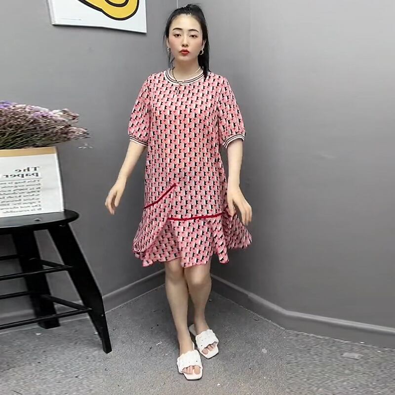 ドレス サマーラウンドネックウェスト薄手スカート 大きめサイズ 夏物 Oネック ミックスインファッション66468451832