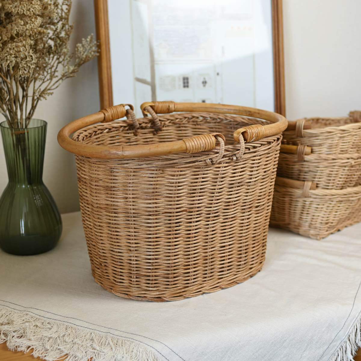 ハンドルつき オーバルバスケット|丸型 カゴ 収納 ナチュラル おしゃれ インテリア 取手付 雑貨屋