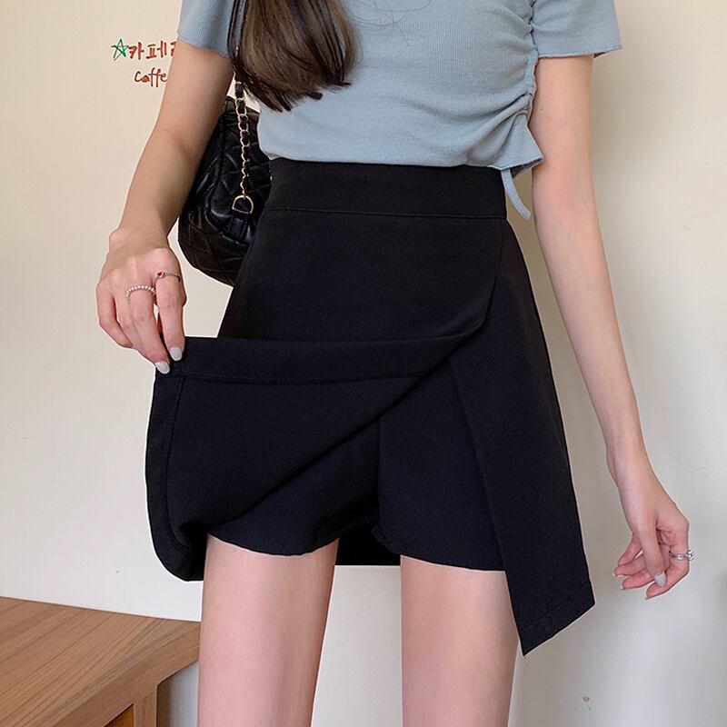 ブラックAラインスカート サマースリットハイウェストウェストショート 夏物 スーパーモール95978854398