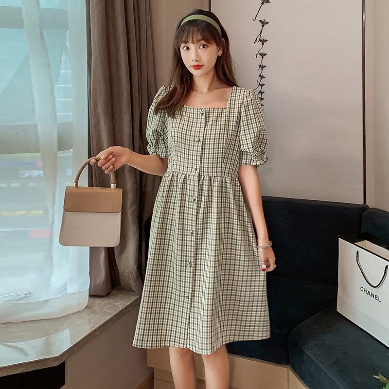 【新作】【送料無料】 マタニティドレス2020夏の新しい綿とリネンのチェック柄のスクエアネックドレス小さな新鮮なミドル丈のトレンディなマタニティドレス-アリババ コットン サマー 夏物 スクウェア expec268622310512