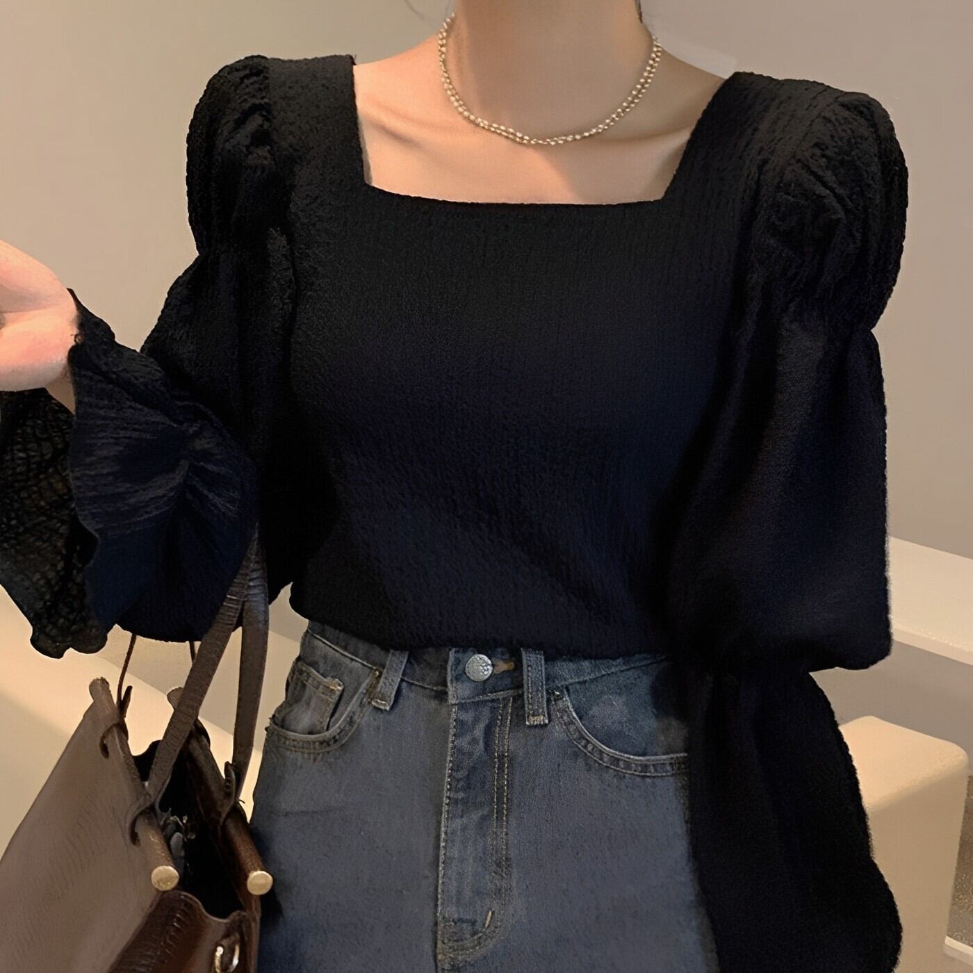 スクエアネックバブルスリーブブラウス.1344