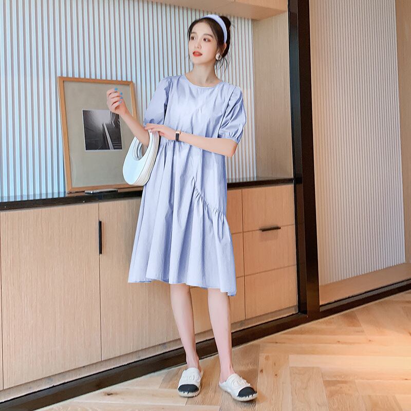 【新作】【送料無料】 マタニティウェア2020夏の新しい綿とリネンの不規則なプリーツドレス コットン サマー 夏物 expec263630336983