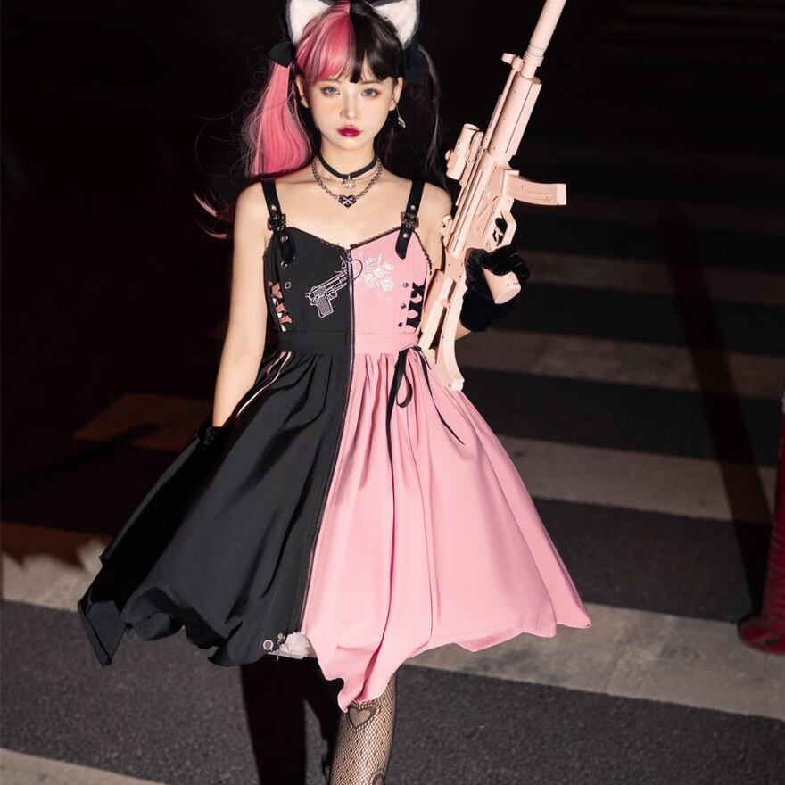 サブカル 服 地雷系 通販 JSK バイカラー レースアップ ピストル 薔薇 アシンメトリー ガーリー 闇可愛い量産型