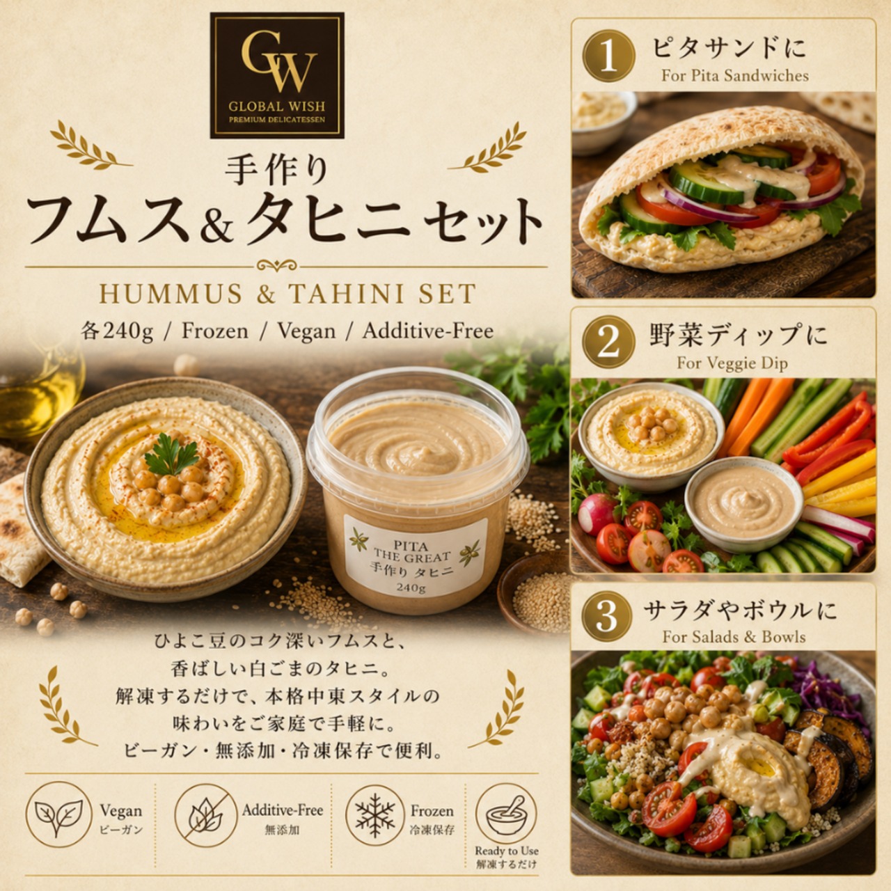 ピタザグレート 手作り フムスとタヒニ セット 各240ｇ【冷凍】ビーガン ひよこ豆 ペースト ホムス 白ごまペースト タヒーナ 無添加 PITA THE GREAT Hummus Tahini