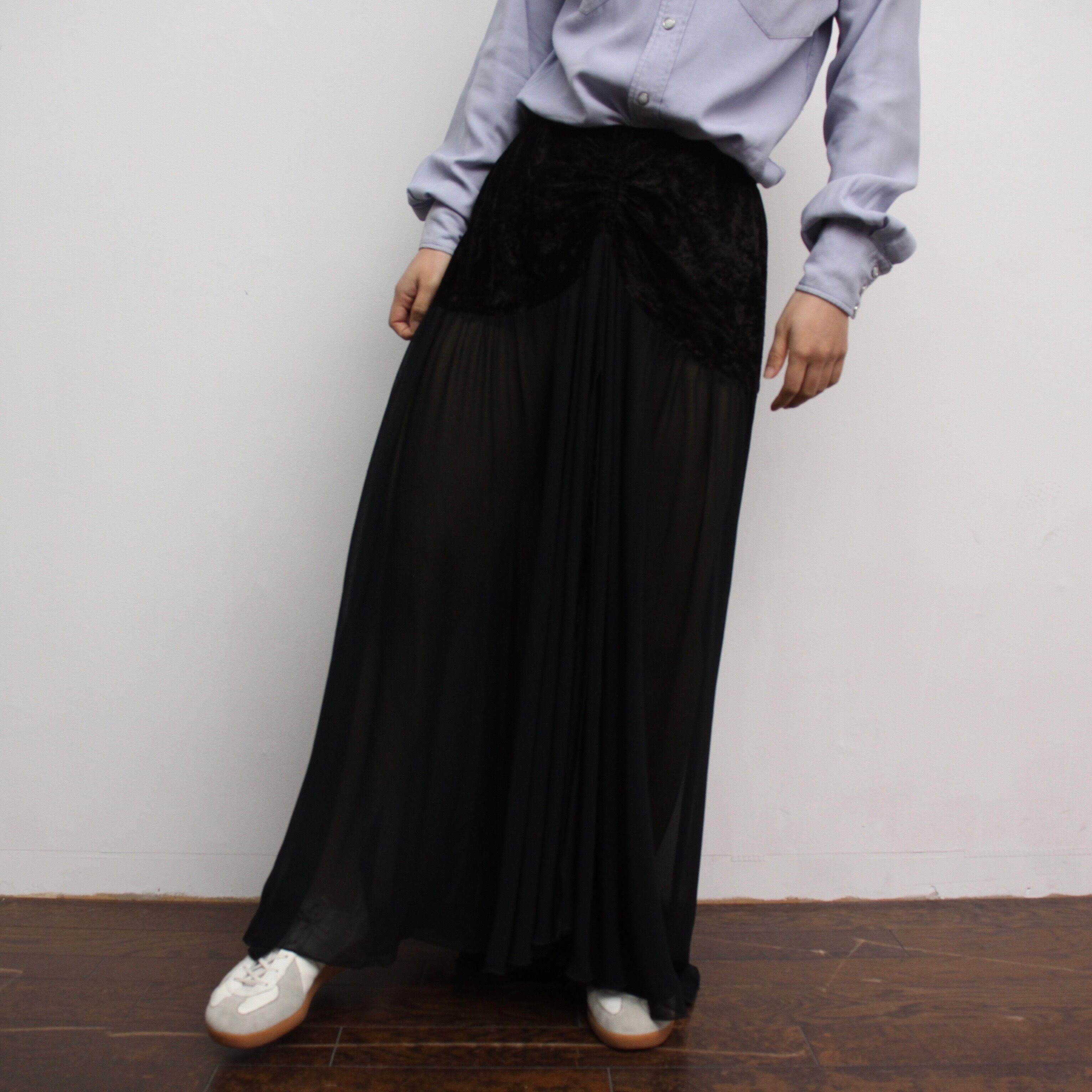 0166. velours & sheer switching skirt ブラック ベロア シースルー