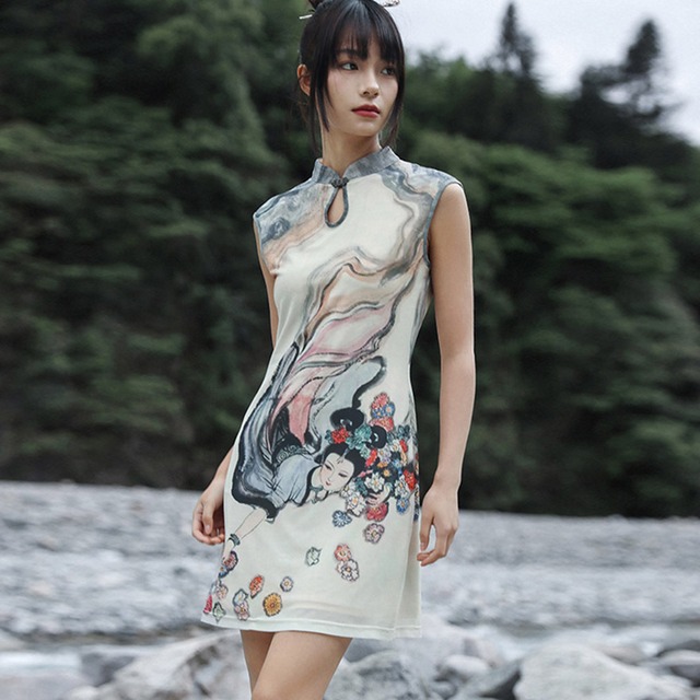 中華ゴシック  チャイナドレス ミニ丈 プリント レトロ 大青龍肆 夏服 20代 30代ファッション