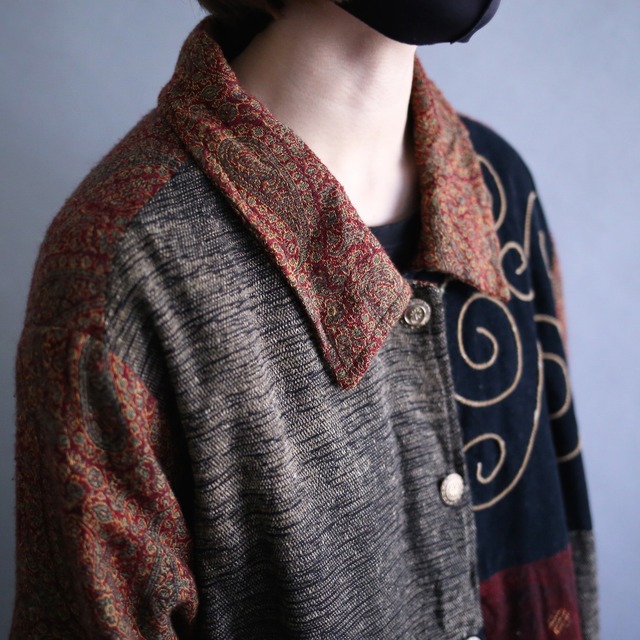 multi fabric switching panel pattern box silhouette shirt jacket