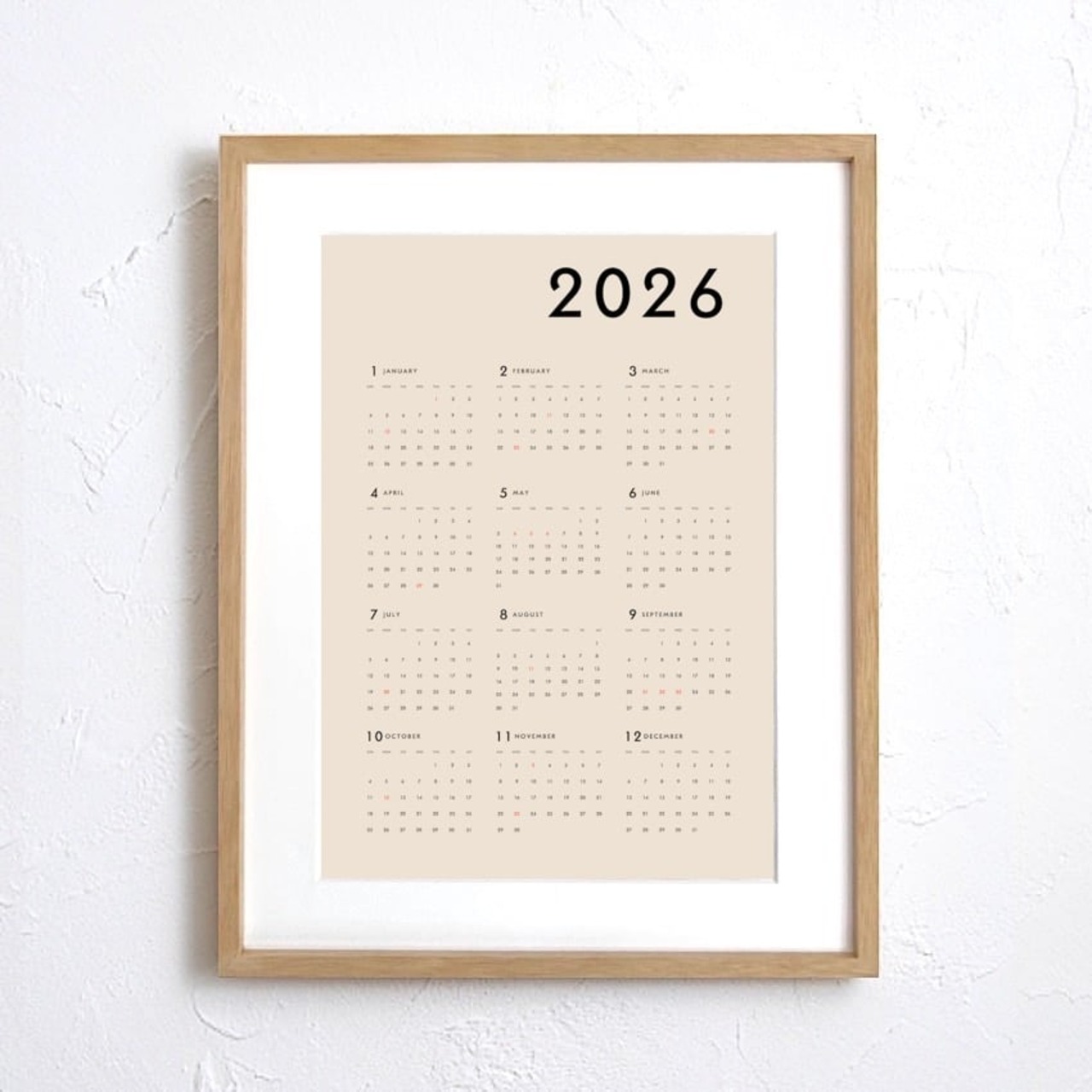 2026 MINIMAL CALENDAR｜余白と数字が美しいミニマルカレンダーポスター｜一年を整える洗練デザインA3ポスター