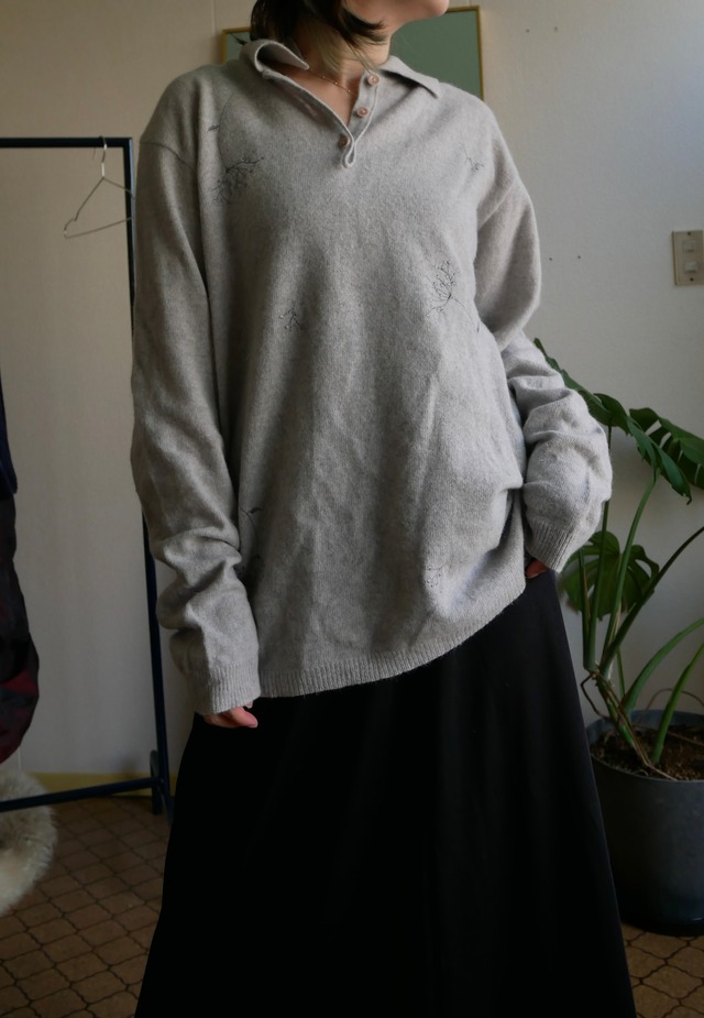 80s-90s Italy Made Angora Merino Wool Floral Embroidery Knit Polo